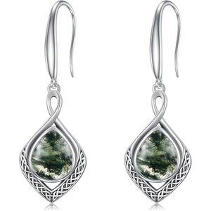 02-Moss Agate Celtic Knot Filigree 925 Silver Infinity Earrings